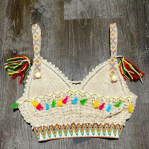 NWT Crochet Knit Bralette Top Tassels Neon Colorful Elastic Waistband O/S